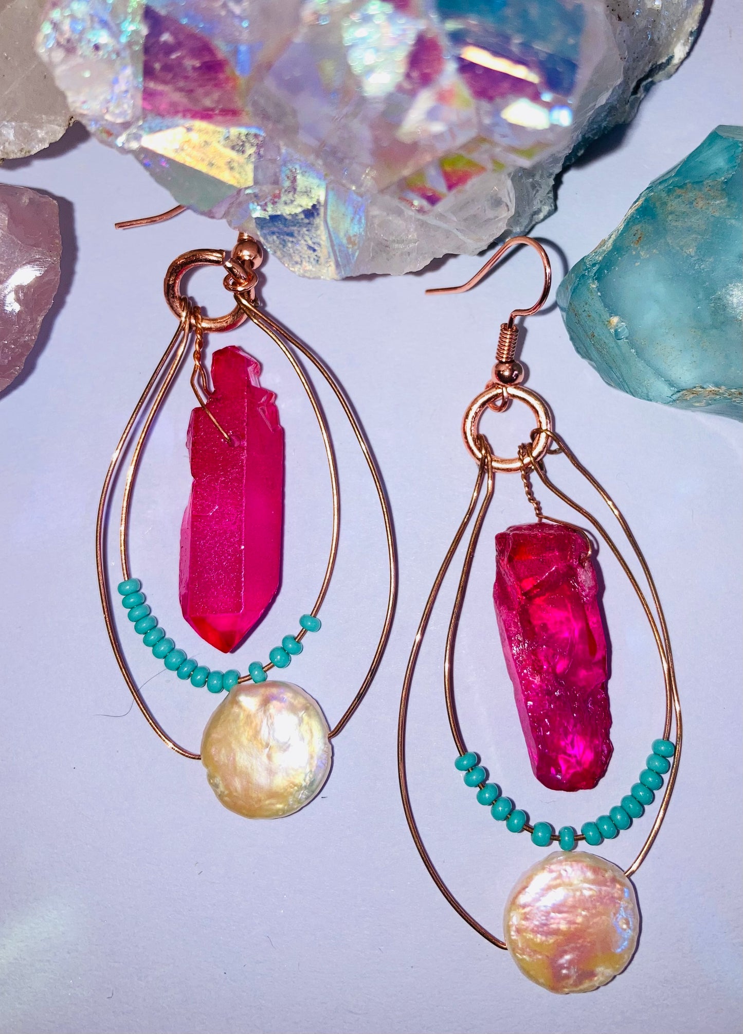 Healing Magenta Quartz, Turquoise & Pearl Earrings