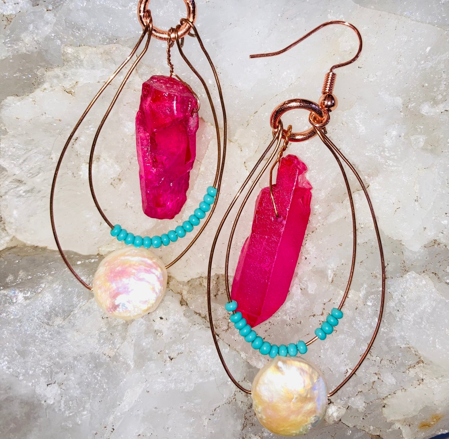 Healing Magenta Quartz, Turquoise & Pearl Earrings