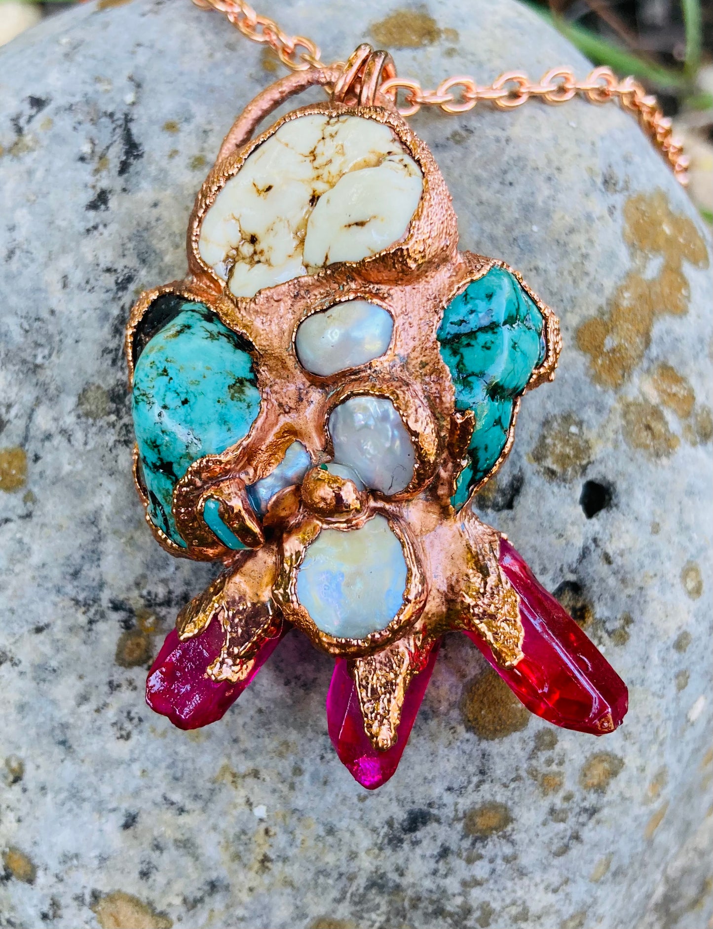 White Buffalo, Turquoise, Pearl & Magenta Quartz Necklace