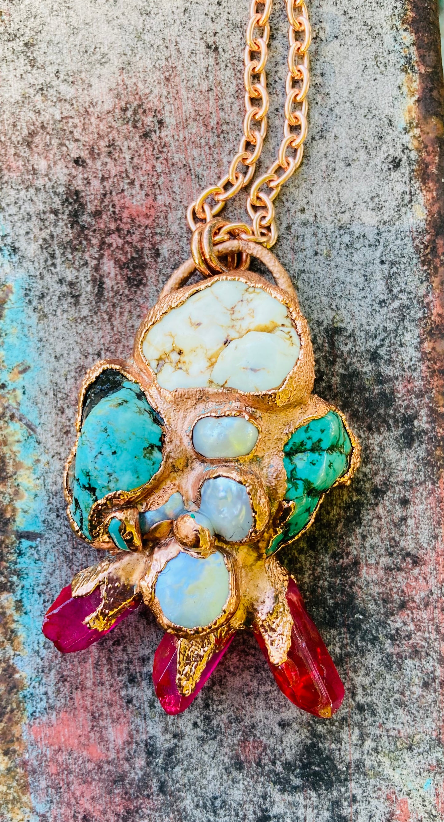 White Buffalo, Turquoise, Pearl & Magenta Quartz Necklace