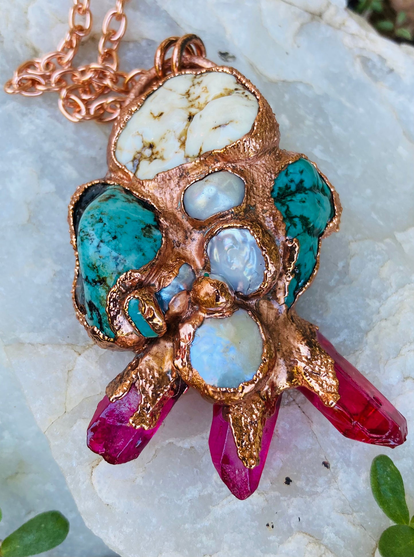 White Buffalo, Turquoise, Pearl & Magenta Quartz Necklace