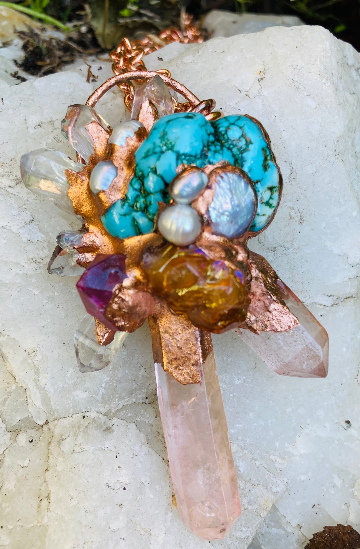 Clear, Plum, Peach & Pink Quartz, Pearls, Turquoise & Copper Cluster Necklace