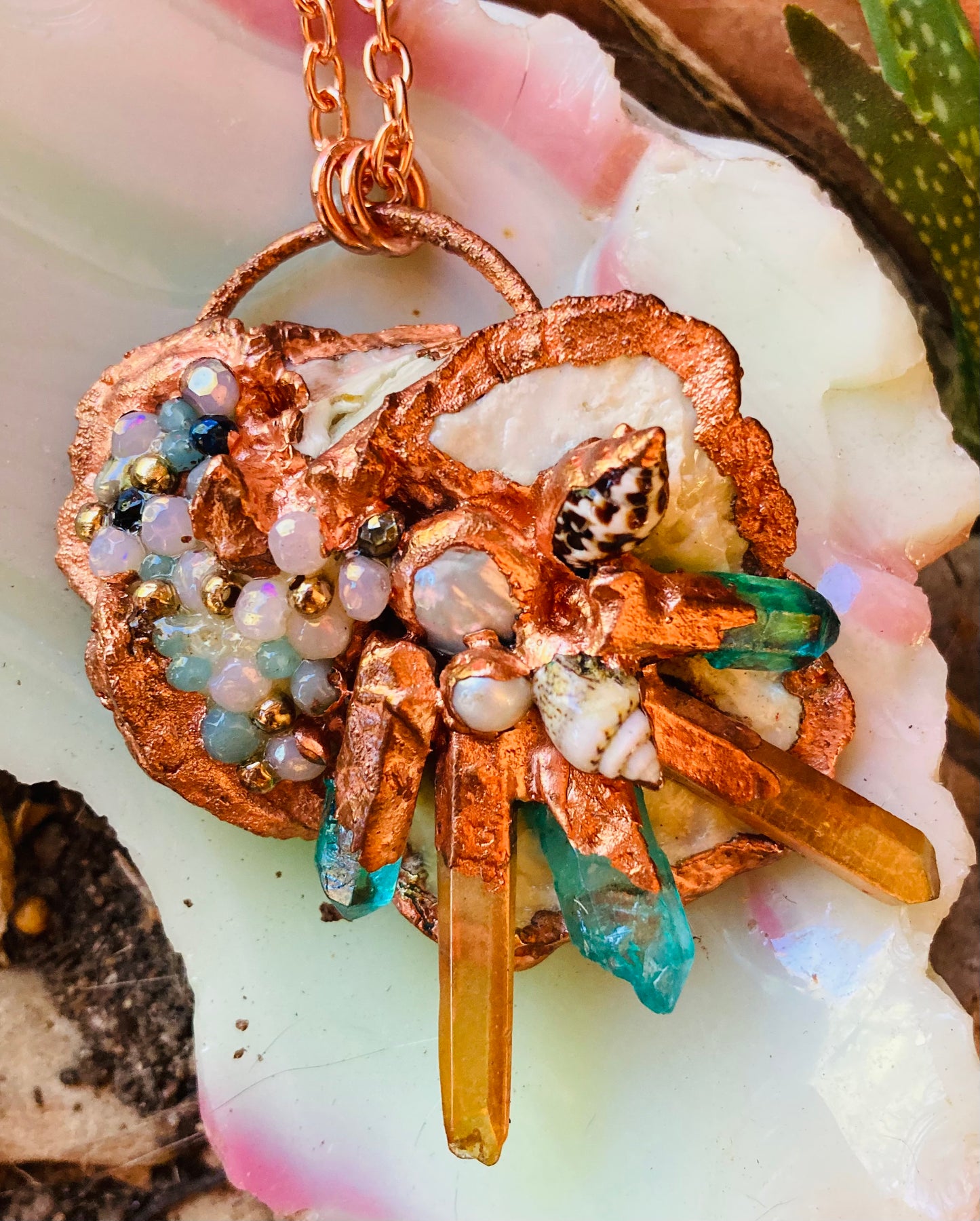 Beach Magic Peach & Aqua Aura Quartz & Shell Necklace