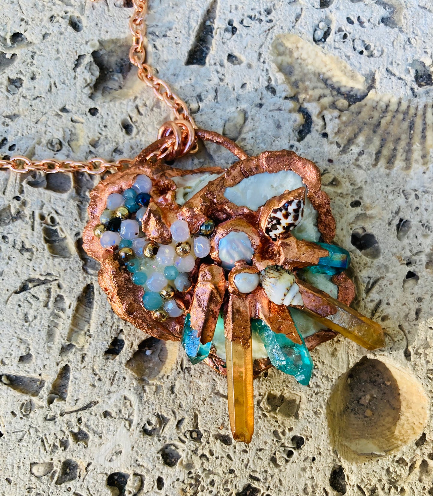 Beach Magic Peach & Aqua Aura Quartz & Shell Necklace