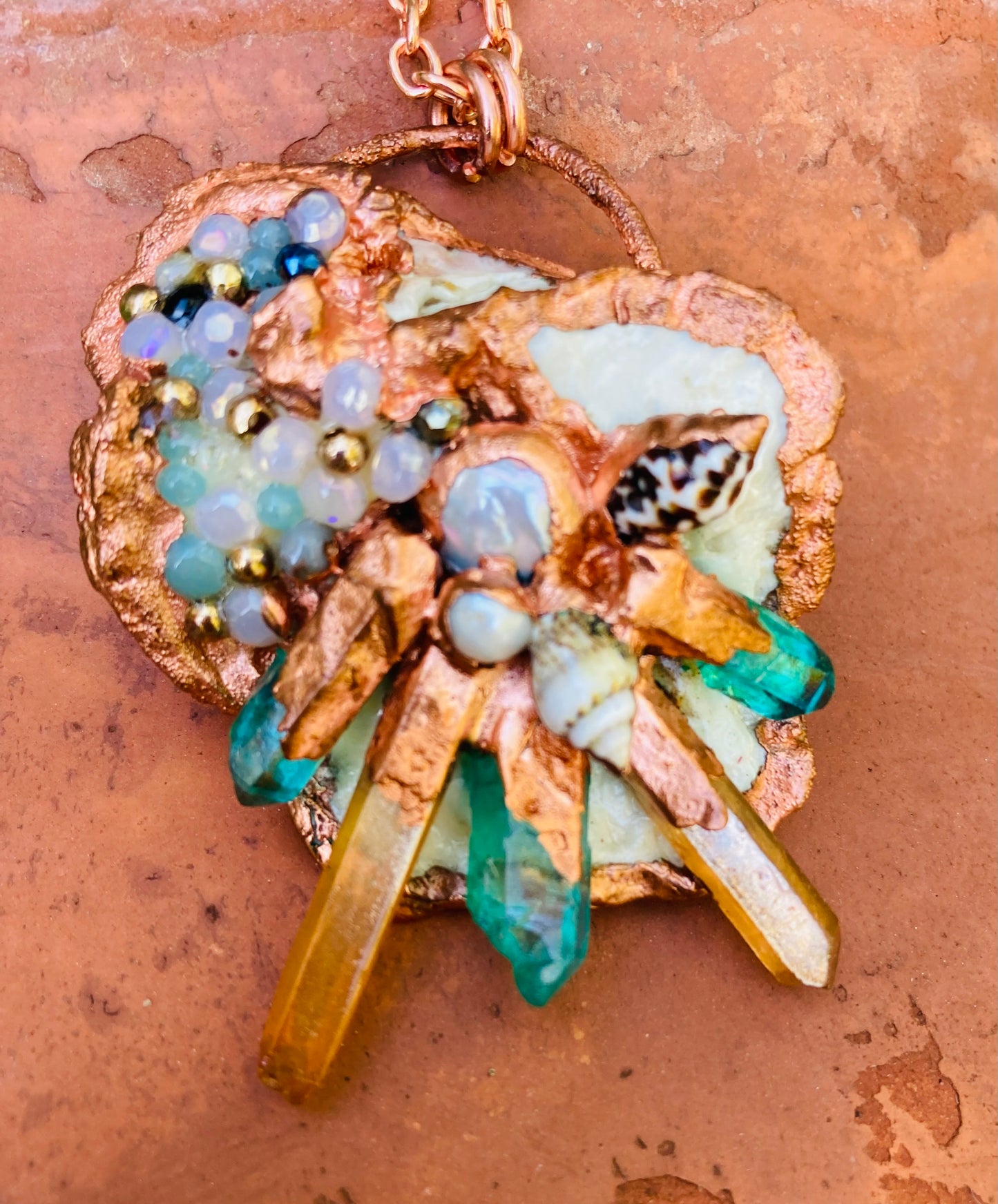 Beach Magic Peach & Aqua Aura Quartz & Shell Necklace