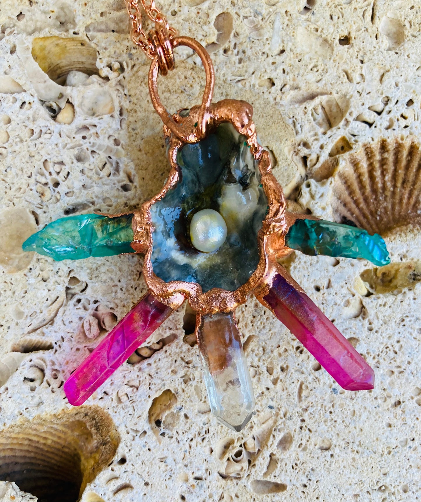 Clear, Aqua & Magenta Quartz, Shell & Pearl 'STAR' Necklace