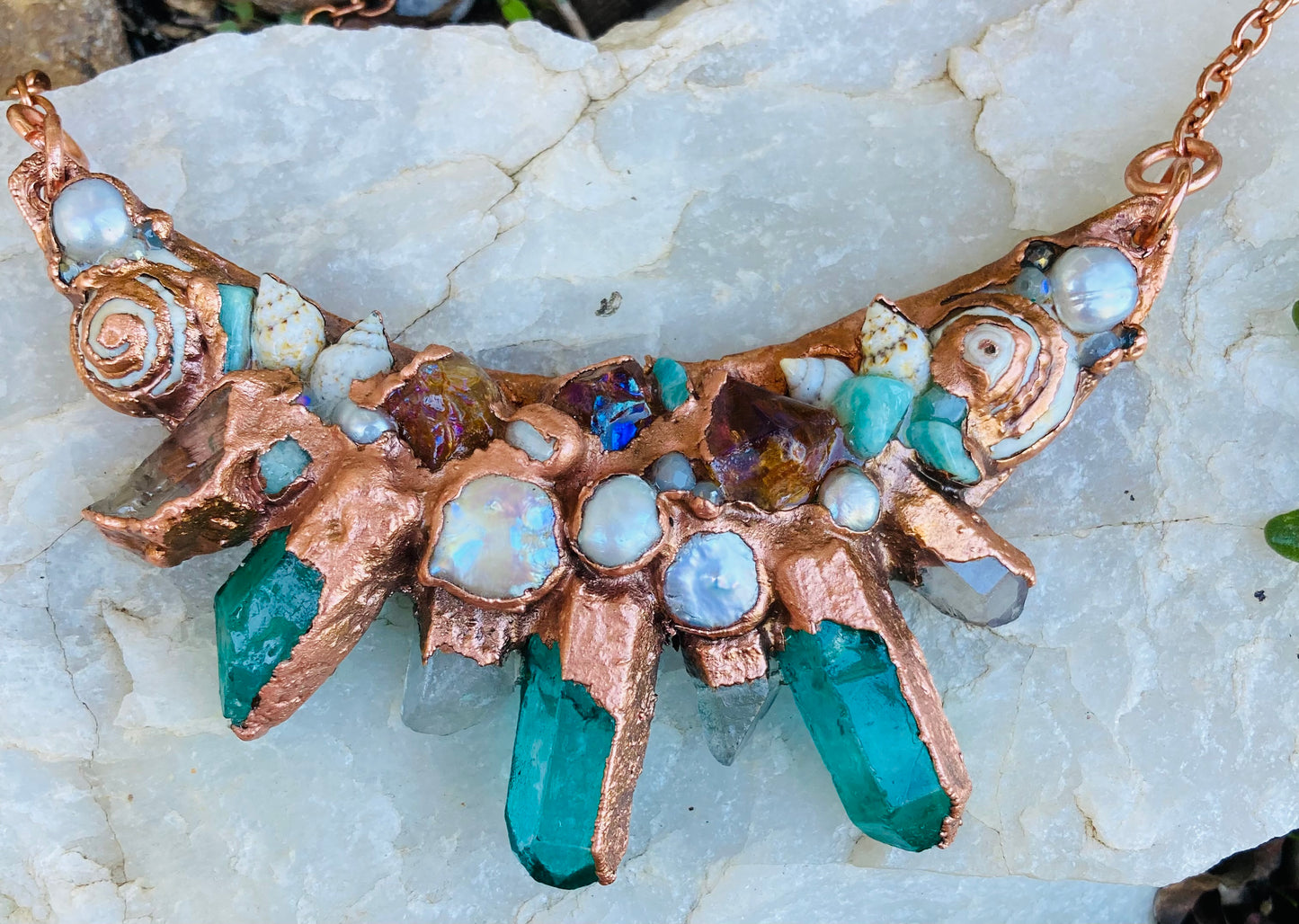 Beachy Aqua Aura & Clear Quartz Crescent Necklace