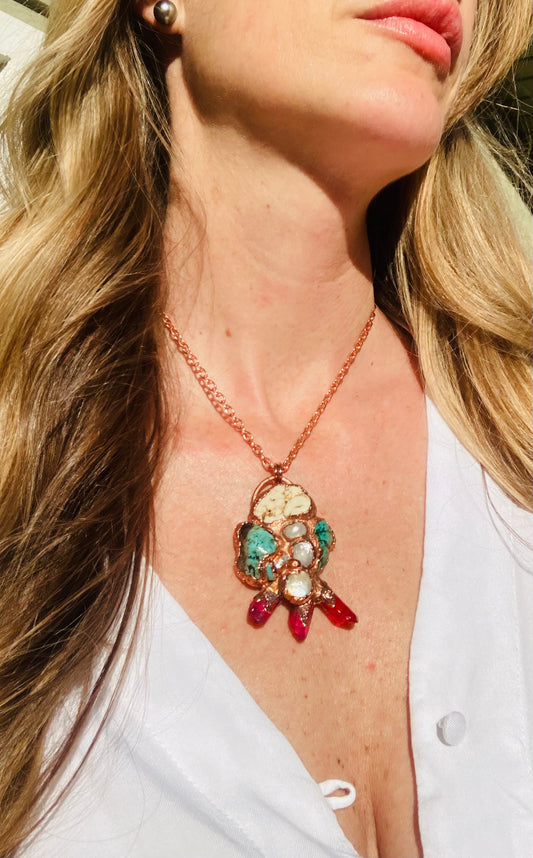 White Buffalo, Turquoise, Pearl & Magenta Quartz Necklace