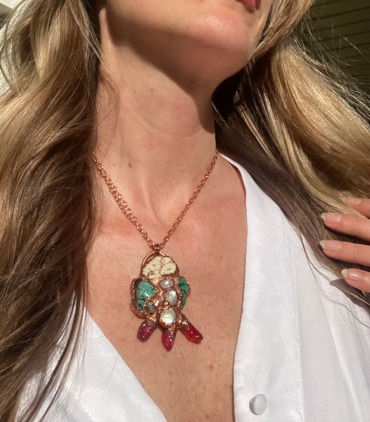 White Buffalo, Turquoise, Pearl & Magenta Quartz Necklace