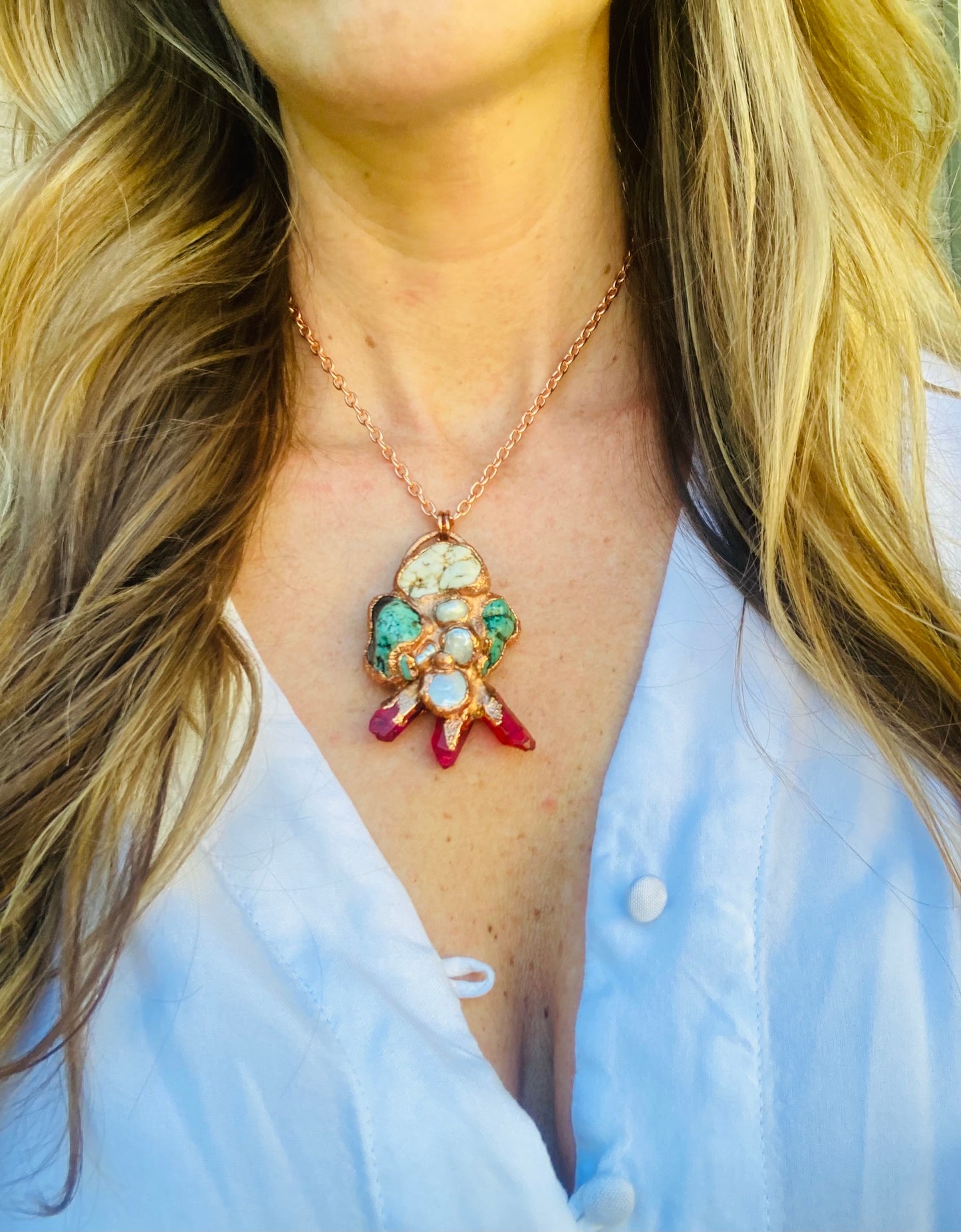 White Buffalo, Turquoise, Pearl & Magenta Quartz Necklace