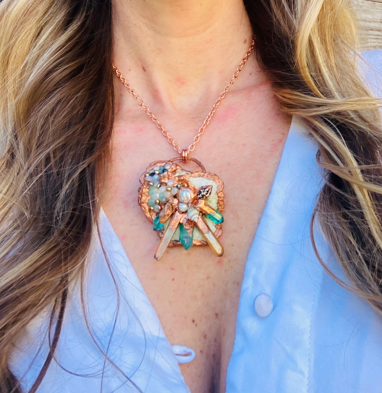 Beach Magic Peach & Aqua Aura Quartz & Shell Necklace