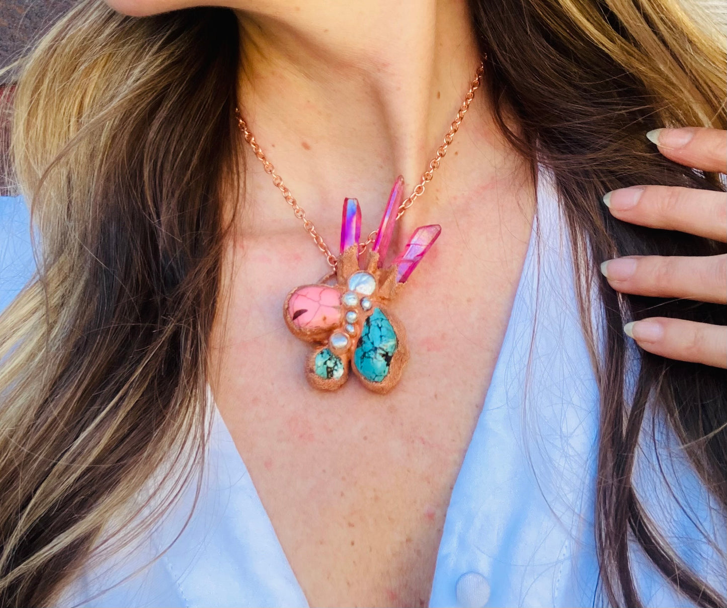 Magenta Quartz, Turquoise & Pearl Necklace