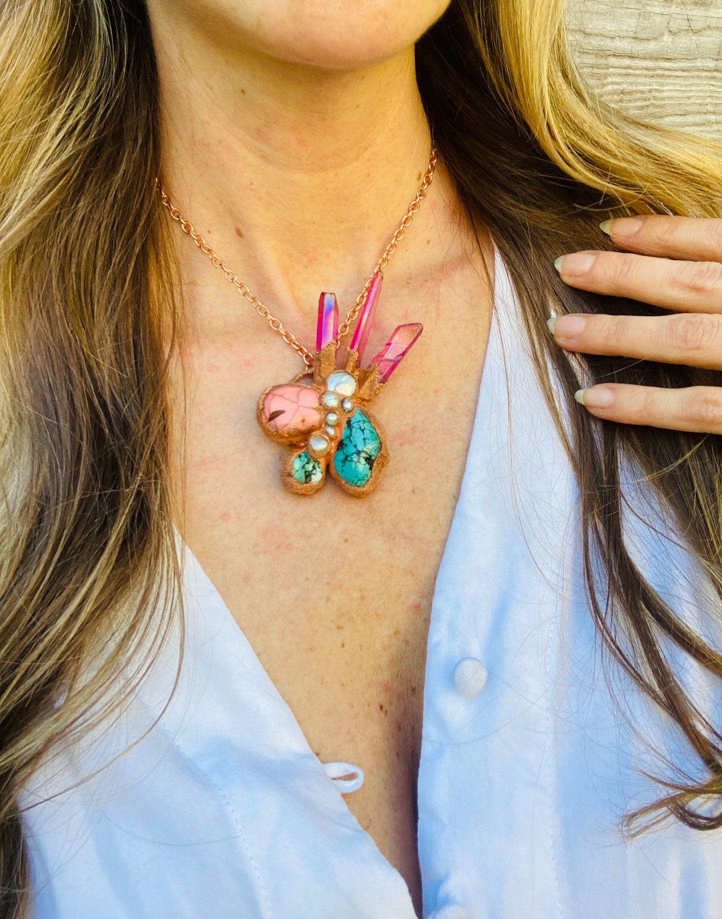 Magenta Quartz, Turquoise & Pearl Necklace