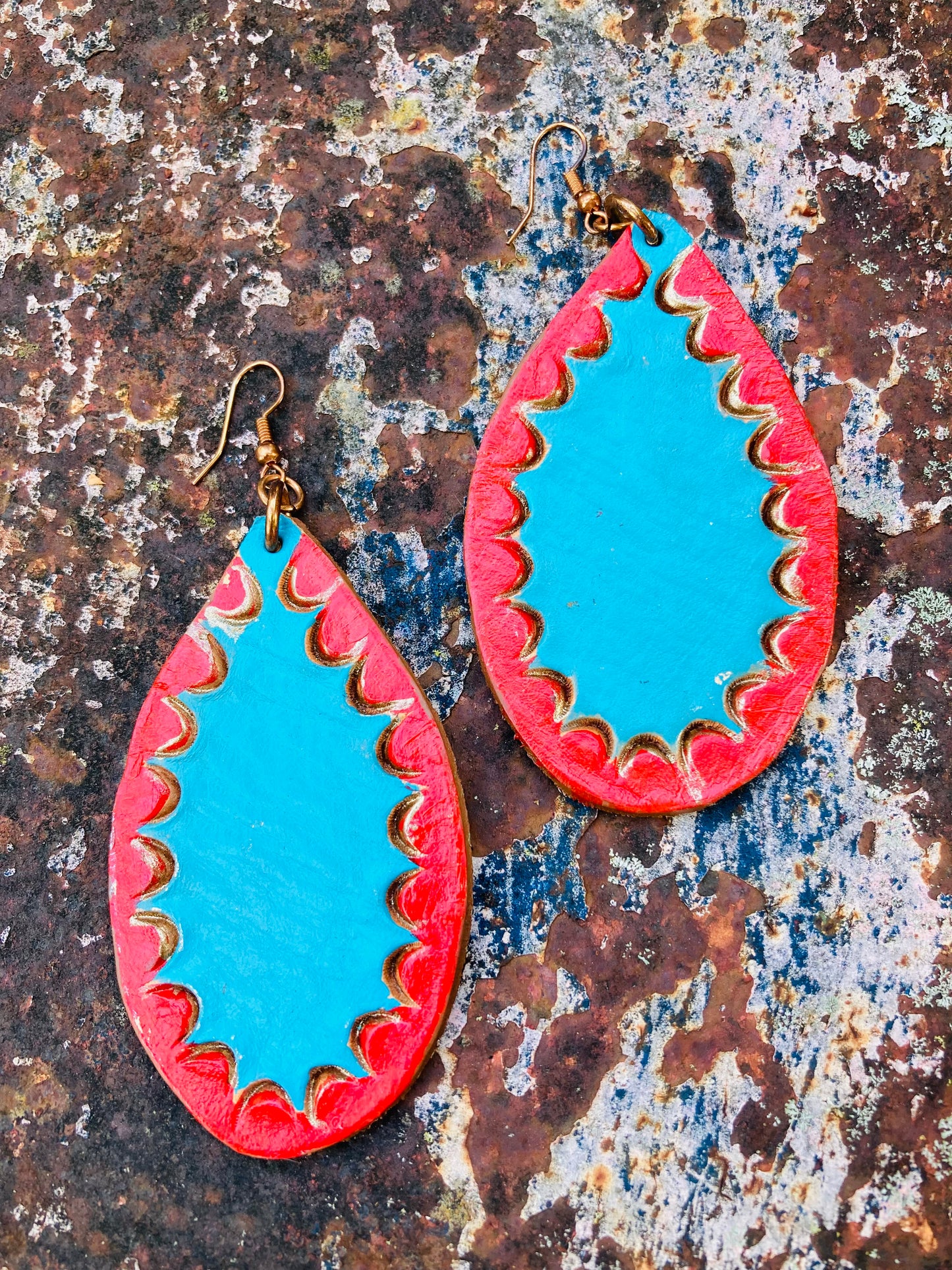 Vibrant Teal with Red Accent Earrings