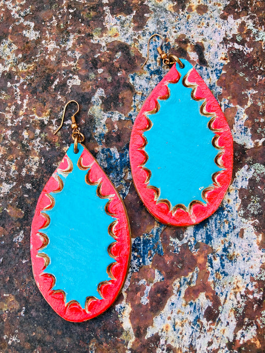 Vibrant Teal with Red Accent Earrings