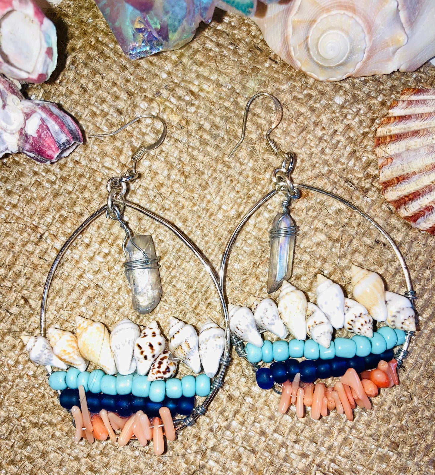 Shells, Coral & Aura Quartz Earrings