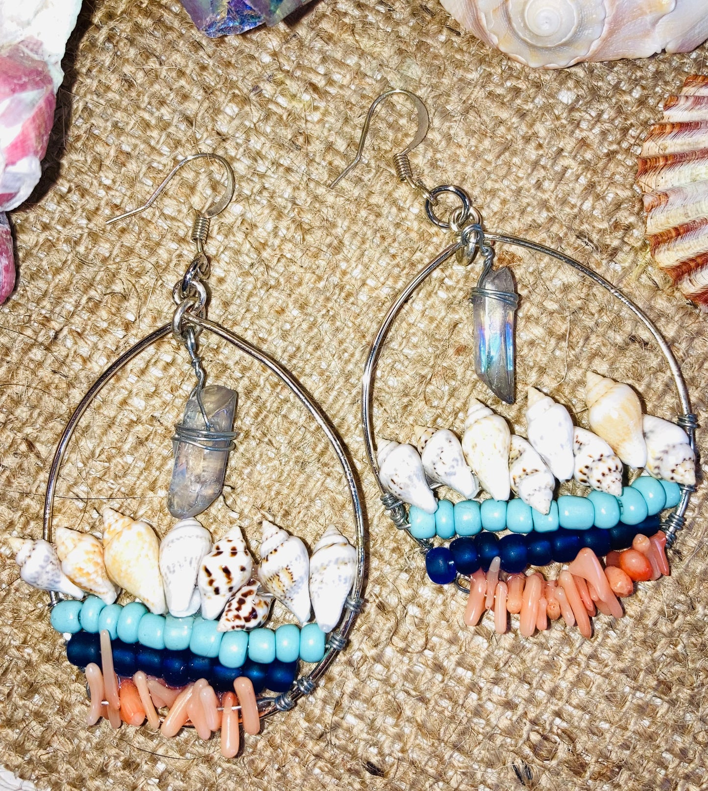 Shells, Coral & Aura Quartz Earrings