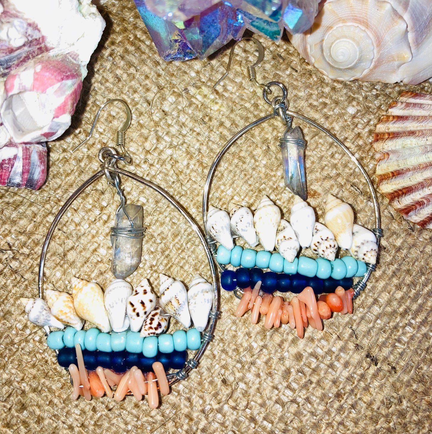 Shells, Coral & Aura Quartz Earrings