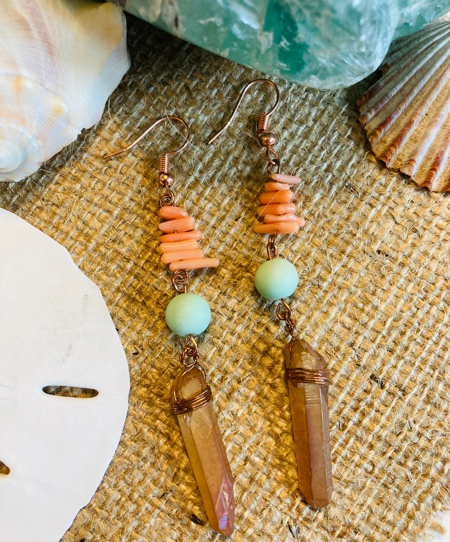 Coral, Healing Peach Quartz & Island Blue Drop Earrings