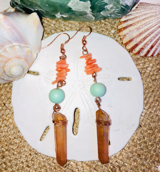 Coral, Healing Peach Quartz & Island Blue Drop Earrings