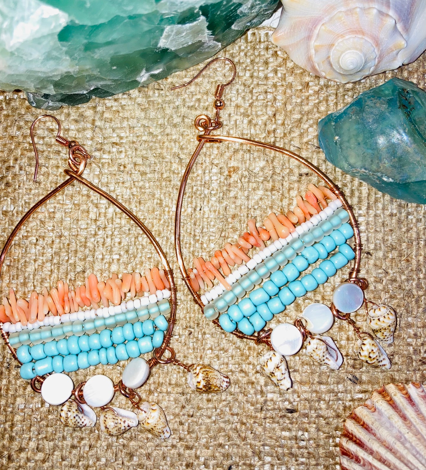 Whimsical Coral, Island Blues, Pearls & Shells Earrings