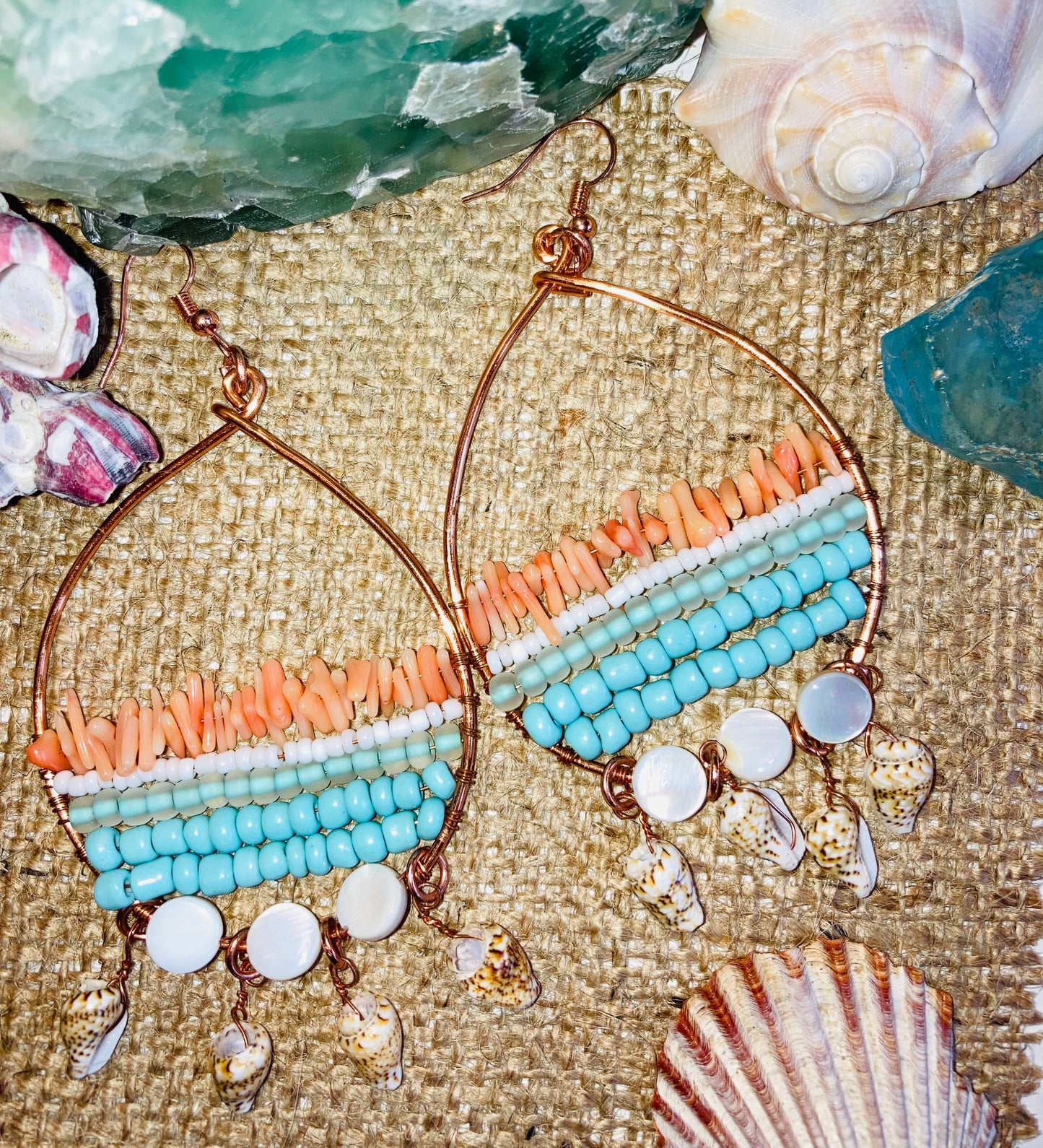 Whimsical Coral, Island Blues, Pearls & Shells Earrings