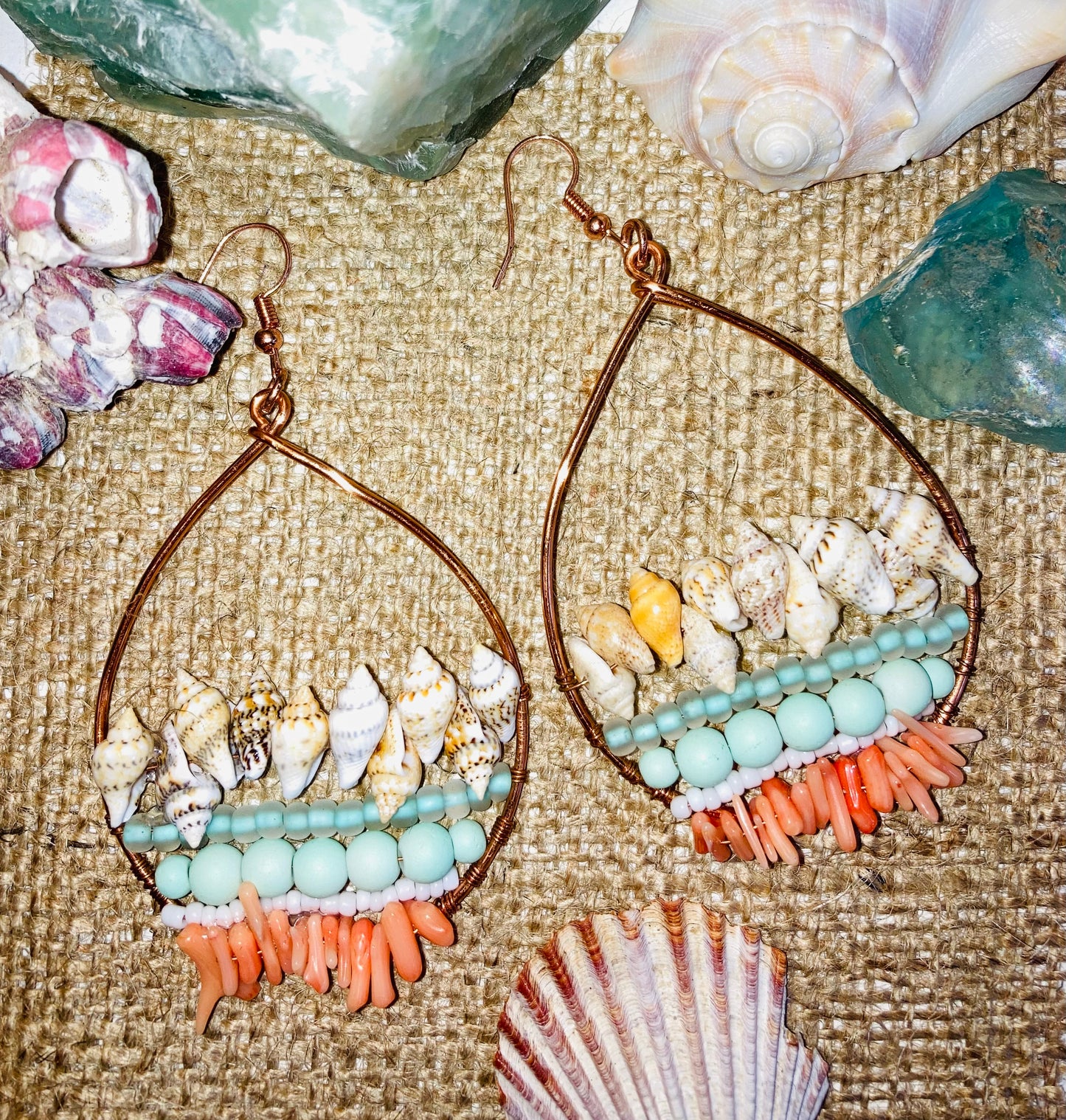 Shells, Island Blues & Coral Boho Beach Earrings