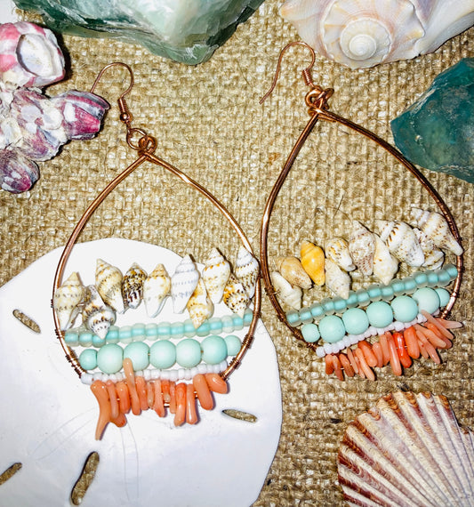 Shells, Island Blues & Coral Boho Beach Earrings