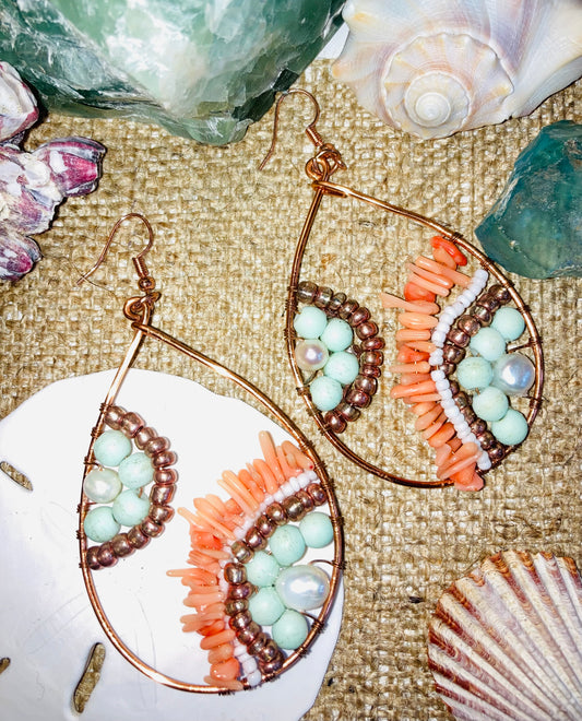 Asymmetrical Island Blues, Pearls & Coral Earrings