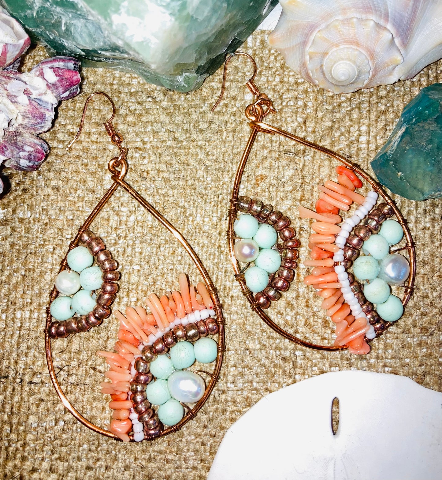 Asymmetrical Island Blues, Pearls & Coral Earrings