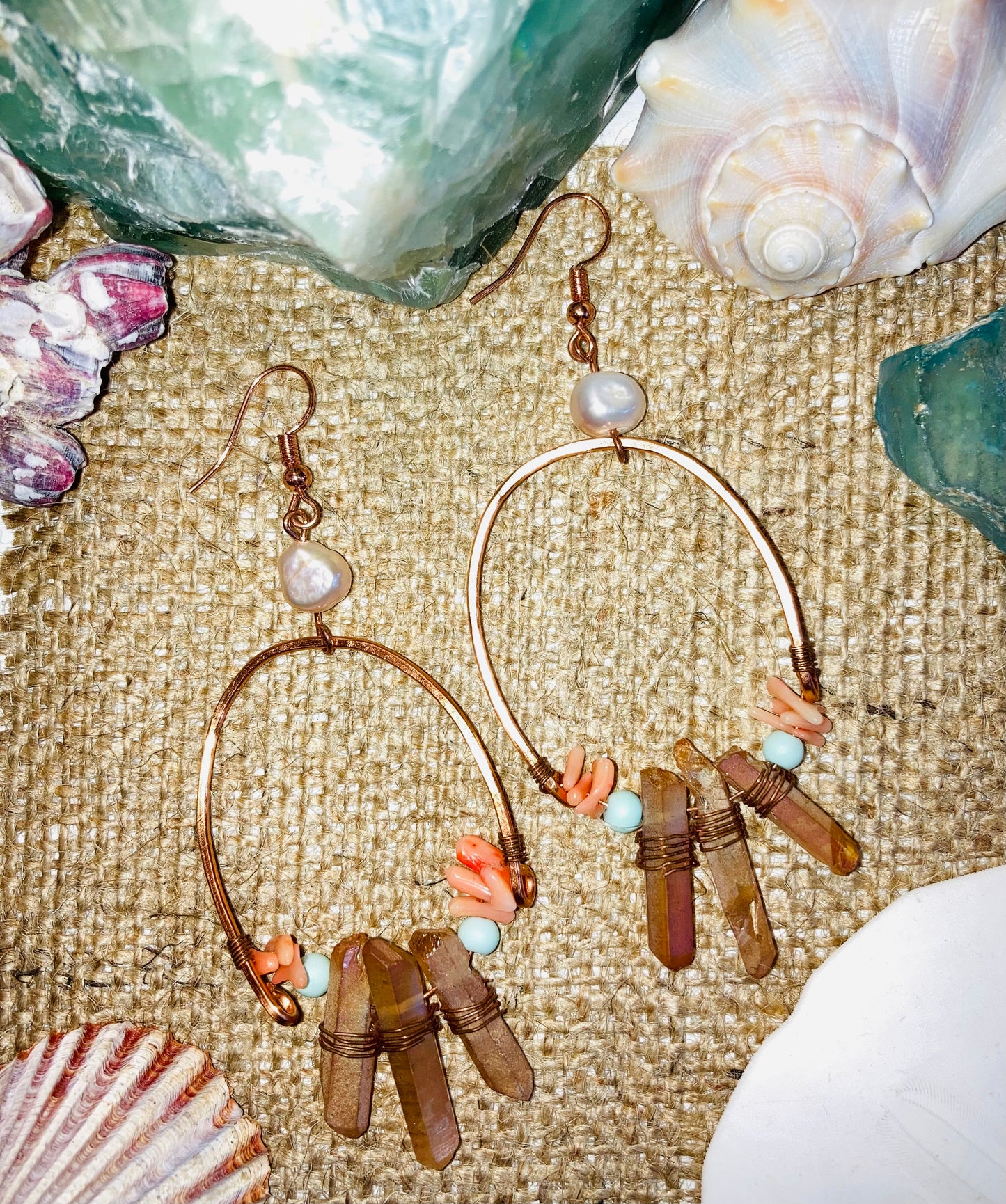 Pearl, Coral, Peach Quartz & Ocean Blues Hammered Copper Earrings