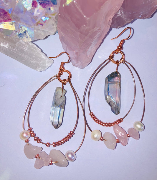 Healing Angel Aura Quartz, Rose Quartz & Pearl Earrings