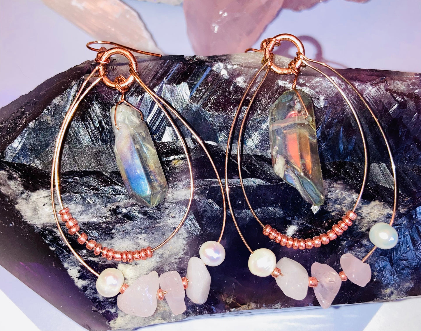 Healing Angel Aura Quartz, Rose Quartz & Pearl Earrings