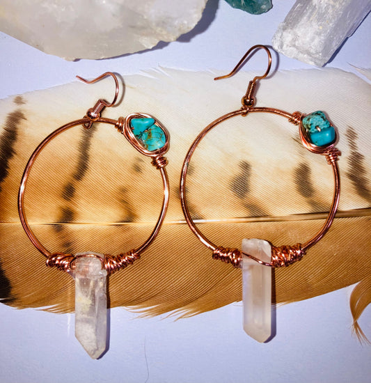 Native American Inspired Clear Quartz & Turquoise Earrings