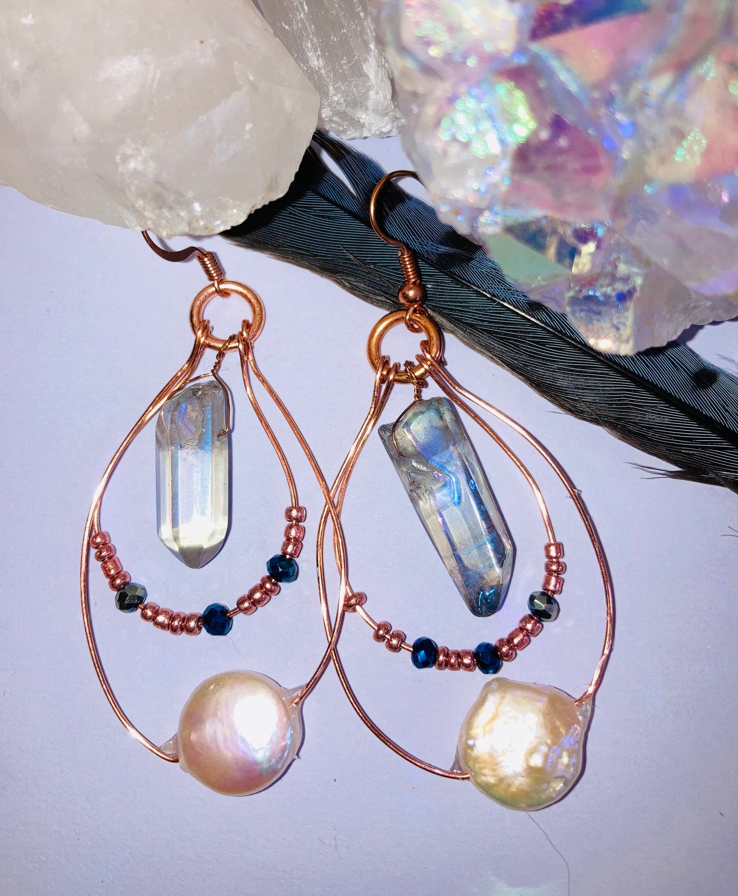 Healing Angel Aura Quartz, Indigo Glass & Pearl Earrings