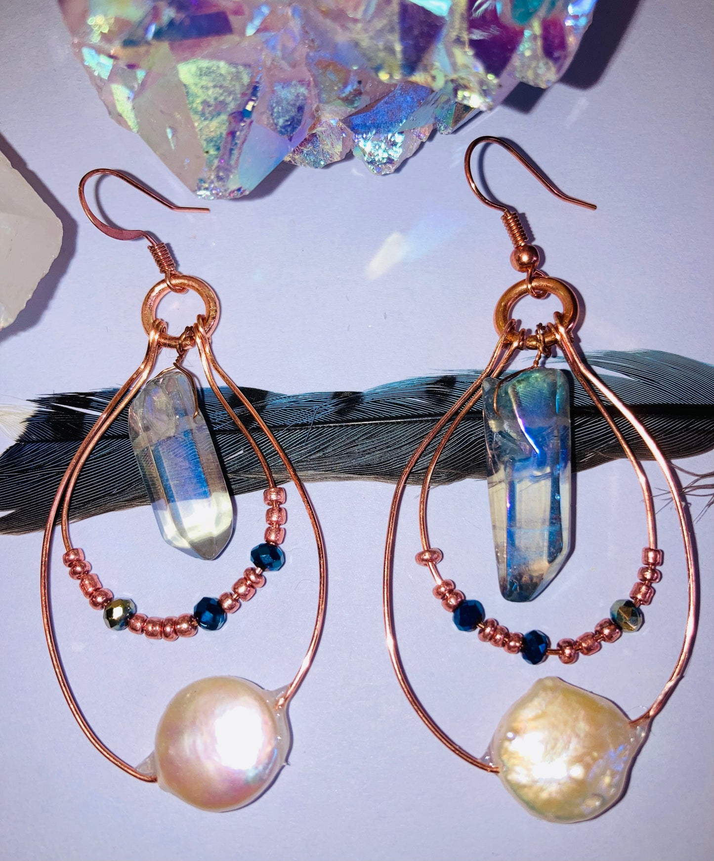 Healing Angel Aura Quartz, Indigo Glass & Pearl Earrings