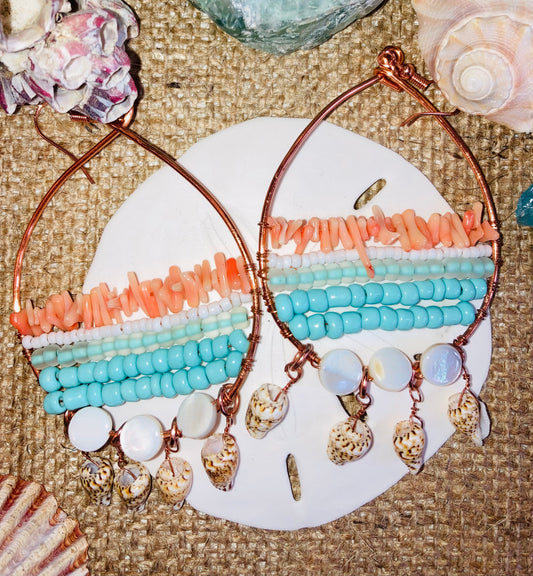 Whimsical Coral, Island Blues, Pearls & Shells Earrings