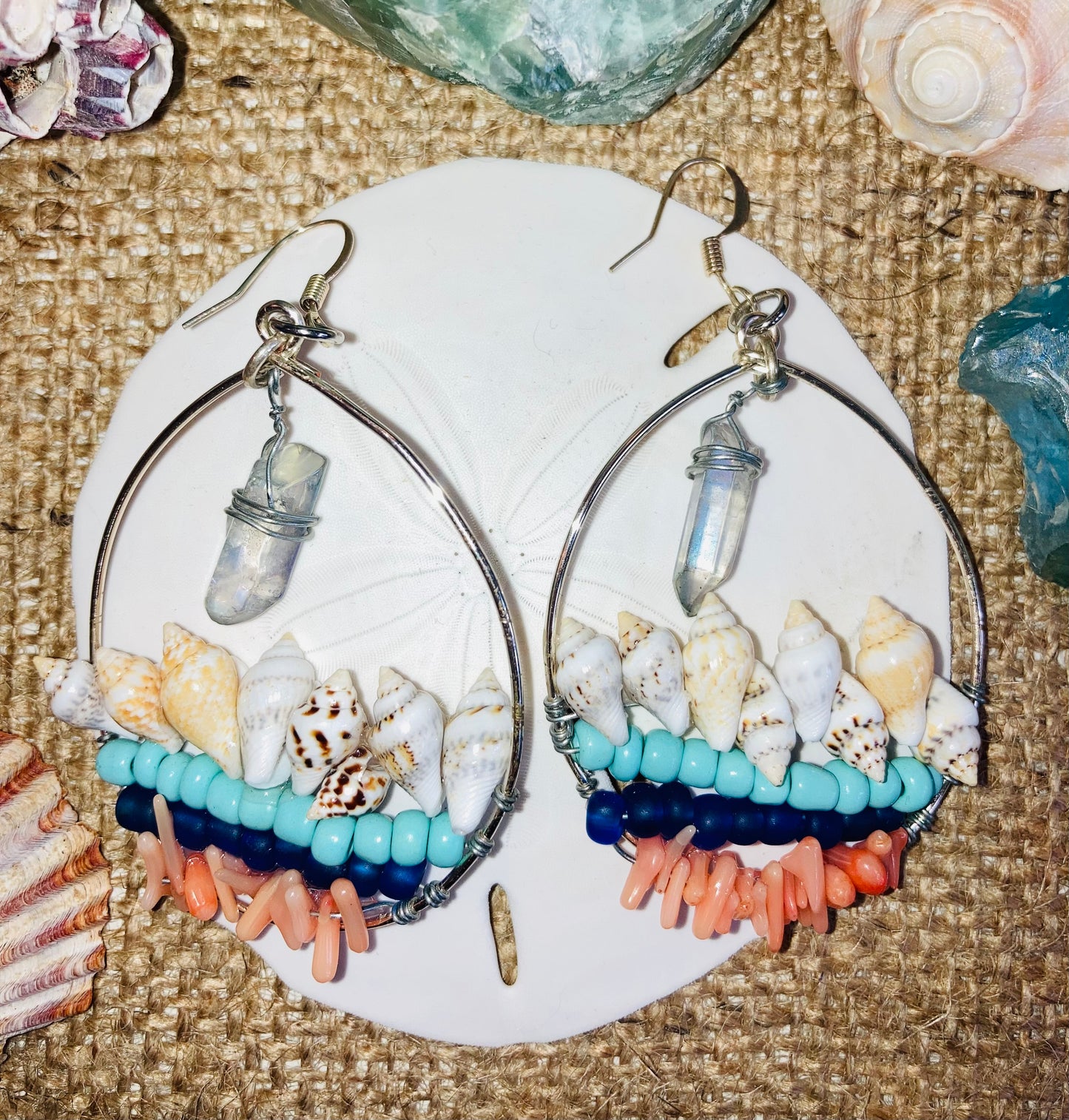 Shells, Coral & Aura Quartz Earrings