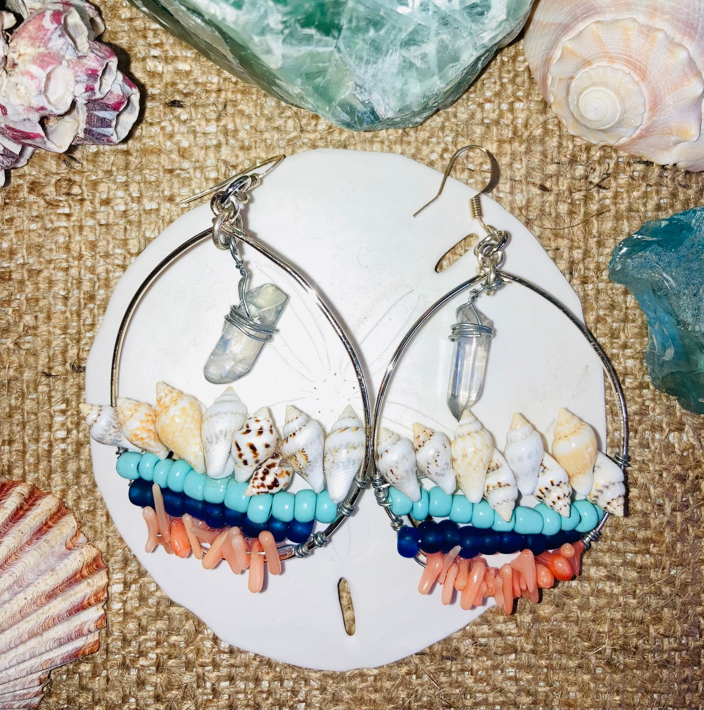 Shells, Coral & Aura Quartz Earrings