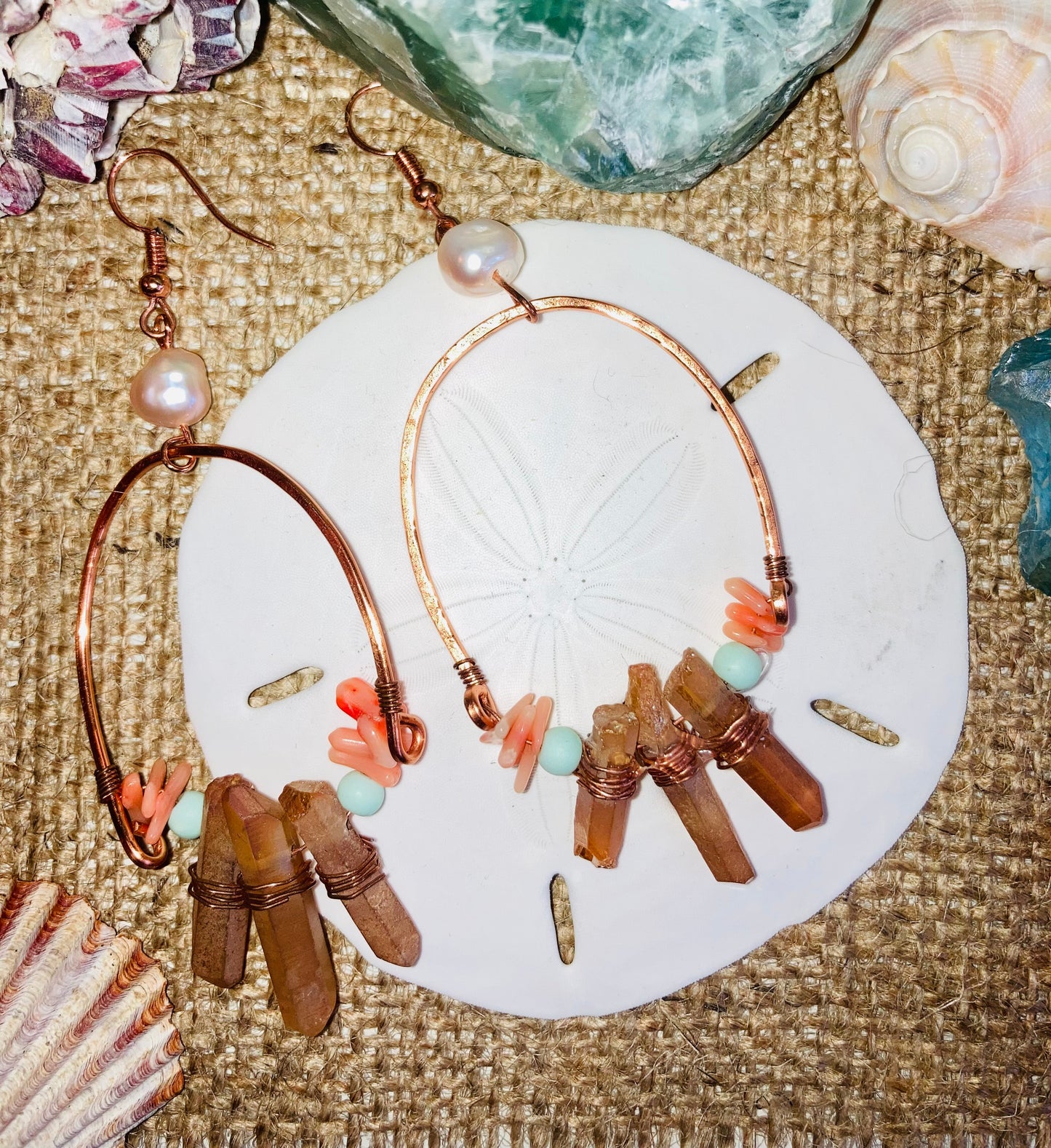 Pearl, Coral, Peach Quartz & Ocean Blues Hammered Copper Earrings