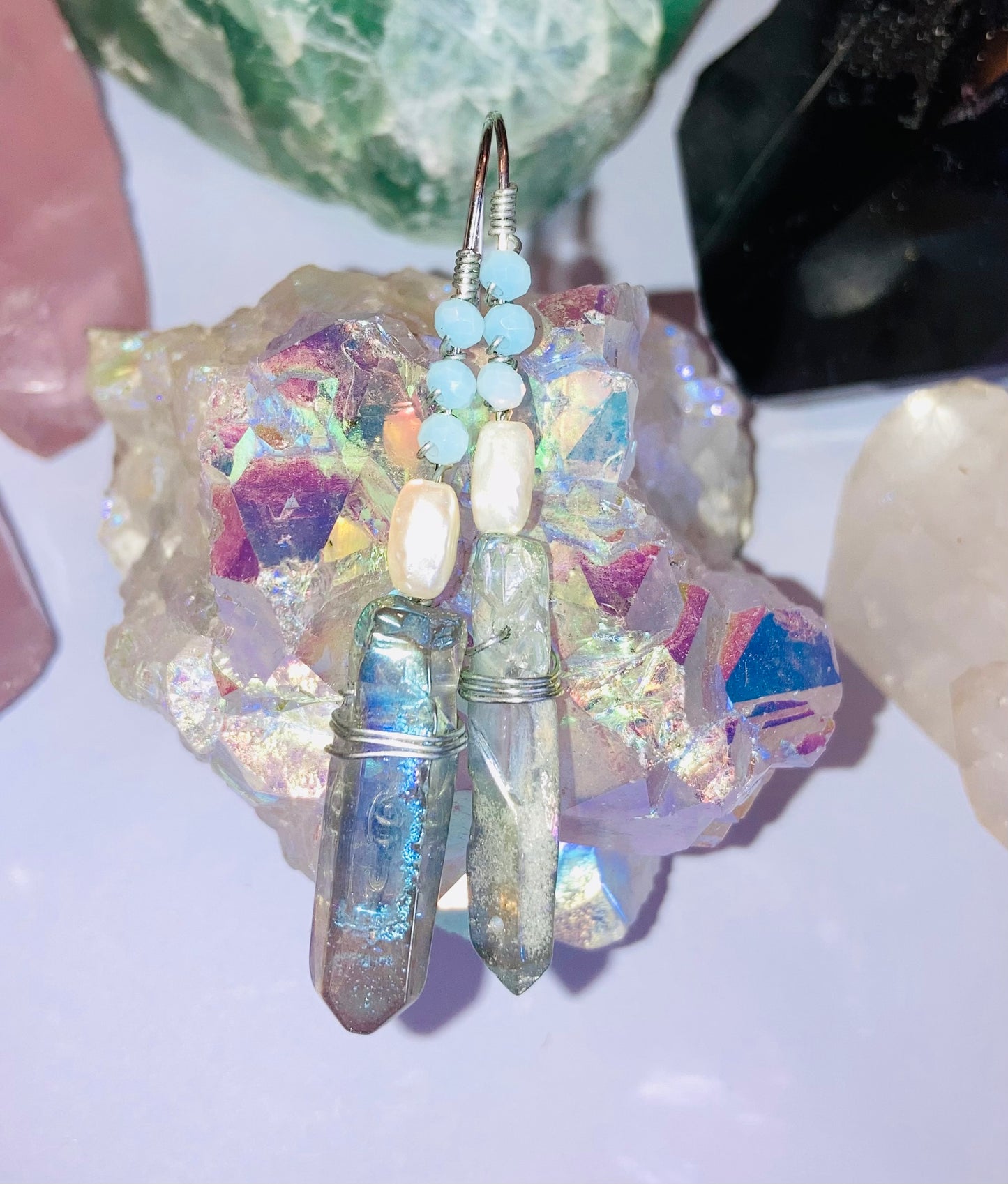 Healing Angel Aura Quartz & Pearl Drop Earrings