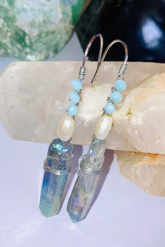 Healing Angel Aura Quartz & Pearl Drop Earrings