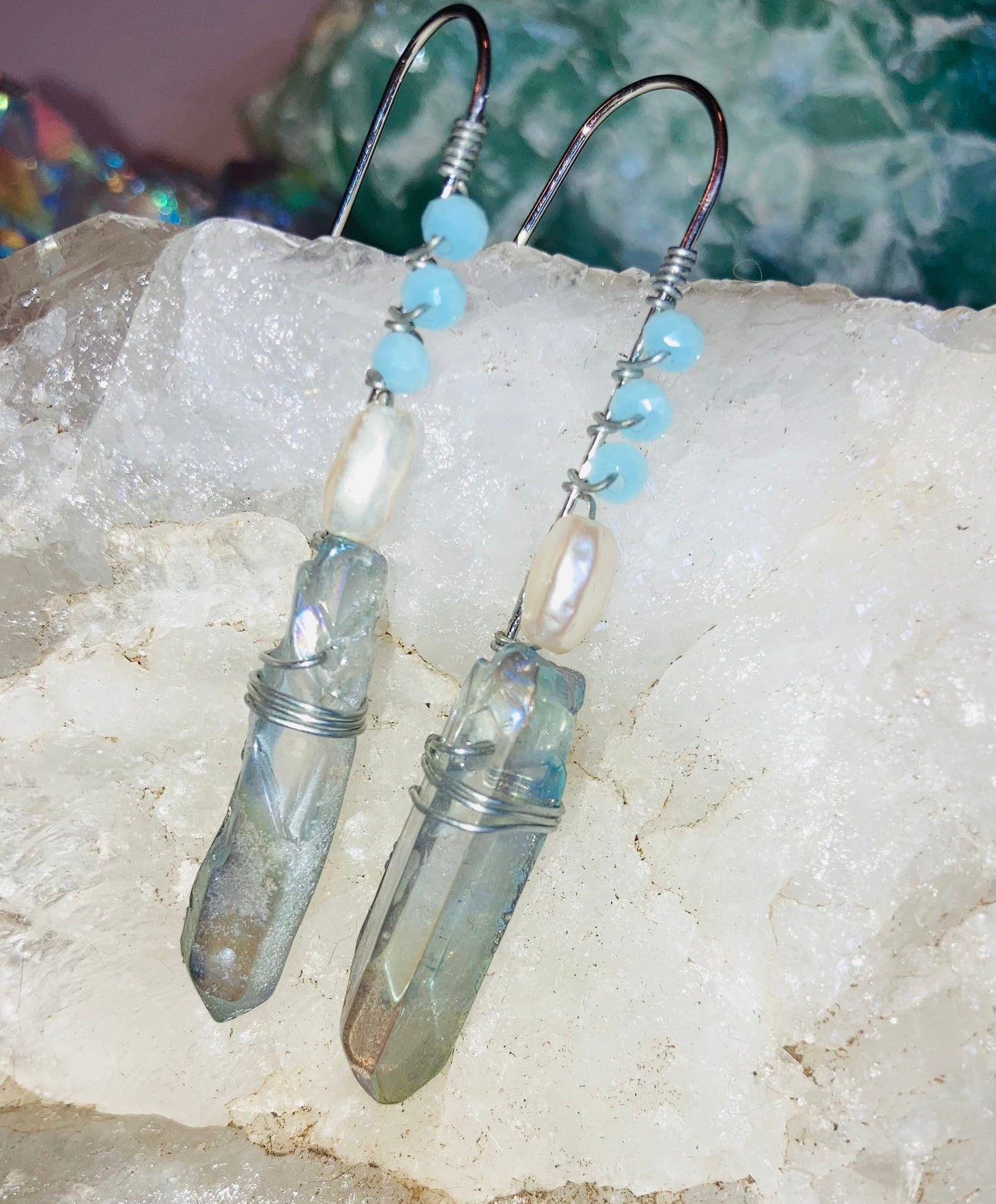 Healing Angel Aura Quartz & Pearl Drop Earrings