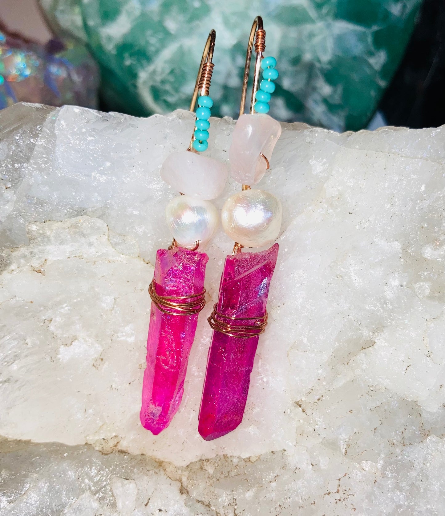 Healing Rose Quartz, Magenta Quartz & Pearl Drop Earrings