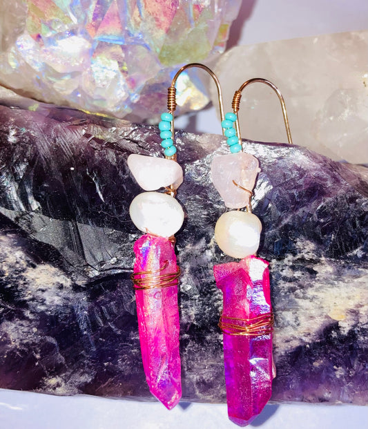 Healing Rose Quartz, Magenta Quartz & Pearl Drop Earrings