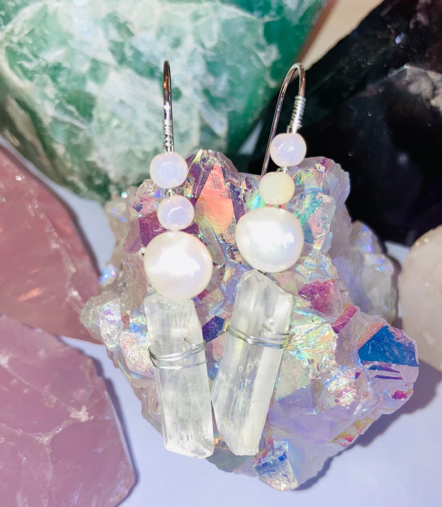 Healing Clear Quartz, Pearl & Iridescent Glass Bead Drop Earrings