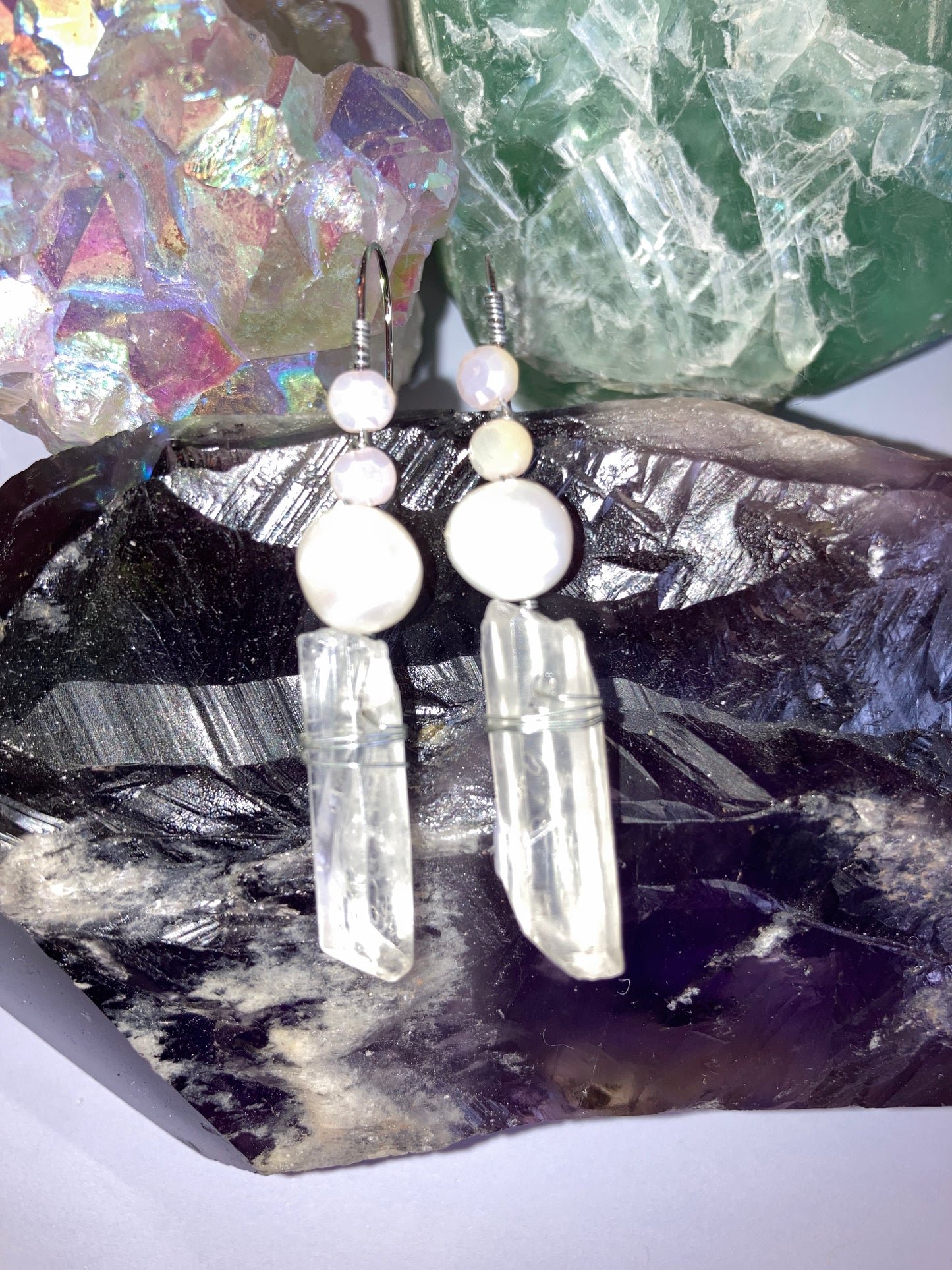 Healing Clear Quartz, Pearl & Iridescent Glass Bead Drop Earrings