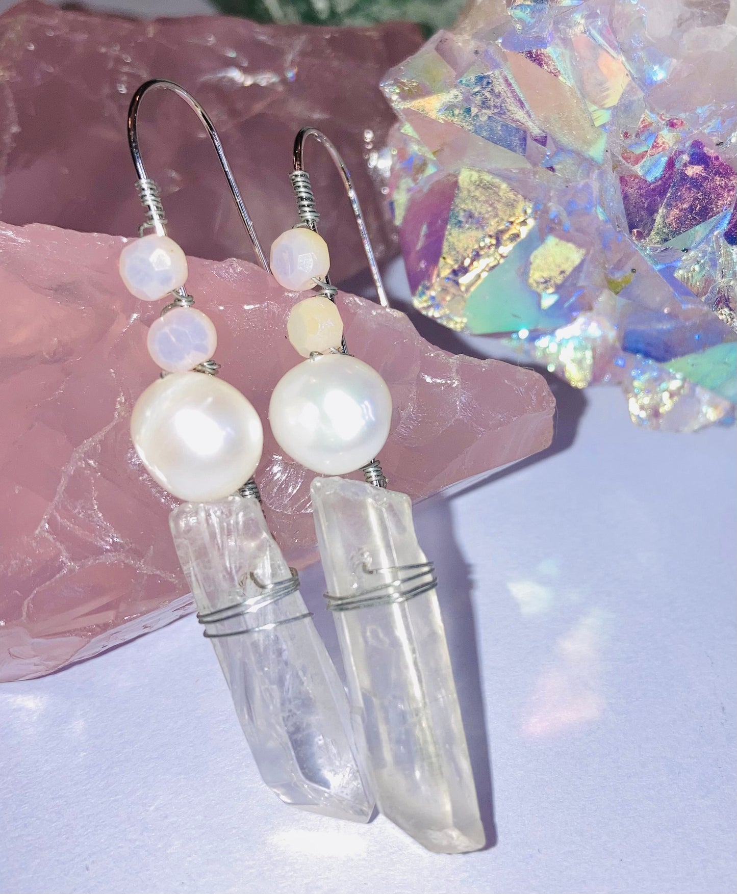 Healing Clear Quartz, Pearl & Iridescent Glass Bead Drop Earrings