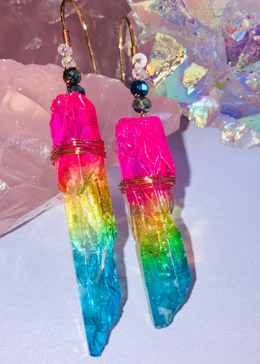 Heart-Opening Rainbow Quartz & Indigo Glass Bead Drop Earrings