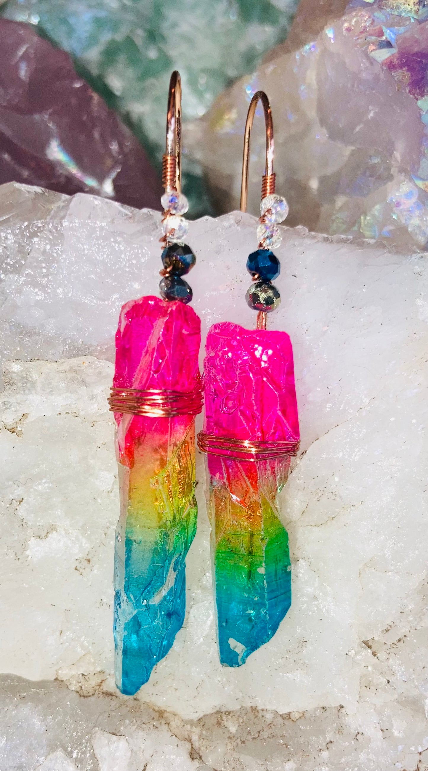 Heart-Opening Rainbow Quartz & Indigo Glass Bead Drop Earrings